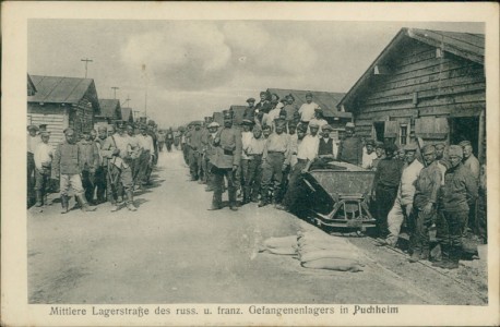 Alte Ansichtskarte Puchheim, Mittlere Lagerstraße des russ. u. franz. Gefangenenlagers in Puchheim