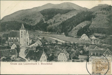 Alte Ansichtskarte Gruss aus Lautenbach i. Renchtal, Teilansicht mit Kirche