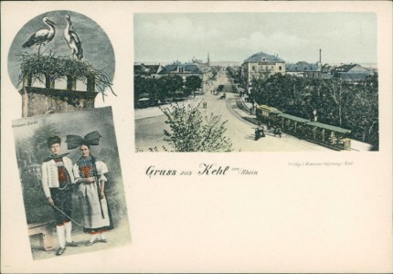 Alte Ansichtskarte Gruss aus Kehl am Rhein, Teilansicht mit Straßenbahn, Störche, Hanauer Tracht