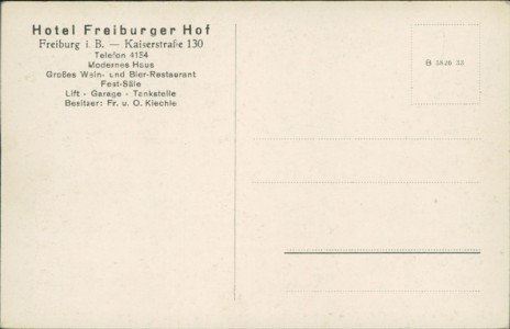 Adressseite der Ansichtskarte Freiburg im Breisgau, Hotel Freiburger Hof