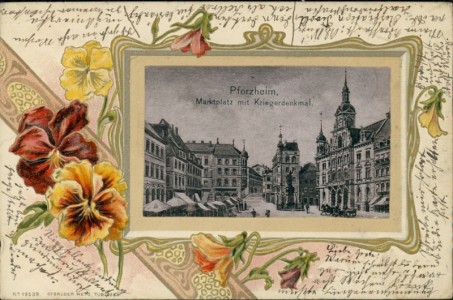 Alte Ansichtskarte Pforzheim, Marktplatz mit Kriegerdenkmal