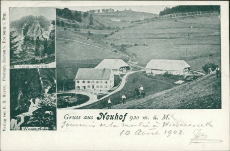 Alte Ansichtskarte Gruss aus Neuhof (Schwarzwald), Scharfenstein, Wasserfall, Weiler