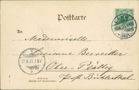 Adressseite der Ansichtskarte Lahr, Kaserne des 8. bad. Inf. Regiments No. 169