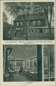 Alte Ansichtskarte Burg, Spreewald, Bäckerei, Conditorei u. Café, Bes. Paul Thomas, Fernruf Nr. 79