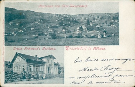 Alte Ansichtskarte Wenzelsdorf in Böhmen / Václav, Panorama von Ober-Wenzelsdorf, Erwin Pochmann's Gasthaus