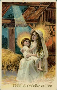 Alte Ansichtskarte Fröhliche Weihnachten, Maria mit Jesuskind im Stall