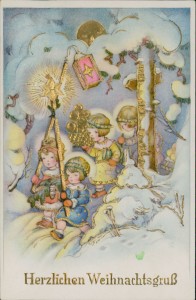 Alte Ansichtskarte Herzlichen Weihnachtsgruß, Kinder beim Umzug durch den Wald