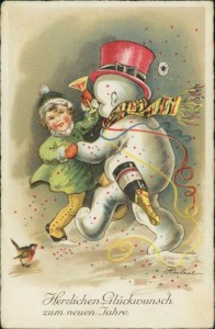 Alte Ansichtskarte Herzlichen Glückwunsch zum neuen Jahre, Mädchen tanzt mit Schneemann