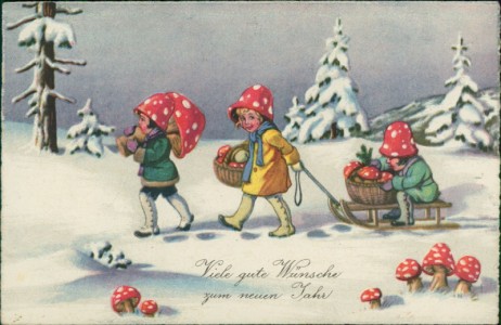 Alte Ansichtskarte Viele gute Wünsche zum neuen Jahr, Kinder mit Fliegenpilzen