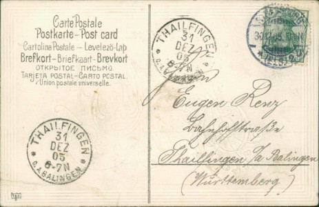 Adressseite der Ansichtskarte Das Glück sei mit Dir, Jahreszahl "1906" in Golddruck
