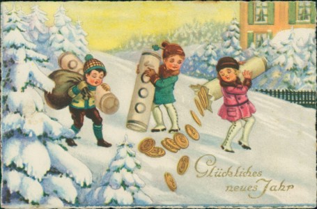 Alte Ansichtskarte Glückliches neues Jahr, Kinder mit Rollen voller Geld
