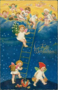 Alte Ansichtskarte Frohe Weihnachten, Engelchen im Himmel, Himmelsleiter