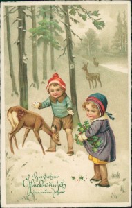 Alte Ansichtskarte Herzlichen Glückwunsch zum neuen Jahre, Kinder mit Rehen