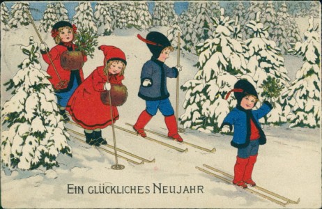 Alte Ansichtskarte Ein glückliches Neujahr, Kinder auf Skier