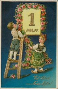 Alte Ansichtskarte Viel Glück zum Neuen Jahre, Kinder vor Kalenderblatt