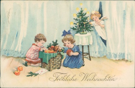 Alte Ansichtskarte Fröhliche Weihnachten, Kinder, Engelchen, Weihnachtsbaum