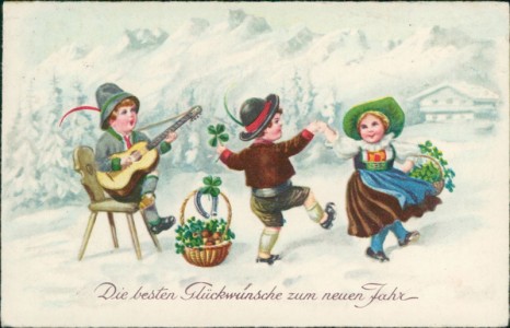 Alte Ansichtskarte Die besten Glückwünsche zum neuen Jahre, Feiernde Kinder, Klee, Hufeisen