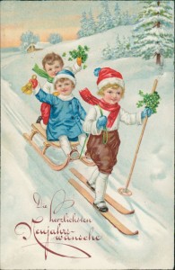 Alte Ansichtskarte Die herzlichsten Neujahrswünsche, Kinder auf Skier und Schlitten
