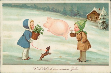 Alte Ansichtskarte Viel Glück im neuen Jahr, Mädchen mit Topf voller Klee und Hund, Knabe bläst Luftballon in Form eines Schweins