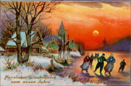 Alte Ansichtskarte Herzlichen Glückwunsch zum neuen Jahre, Winterlandschaft, Schlittschuhläufer, Windmühle