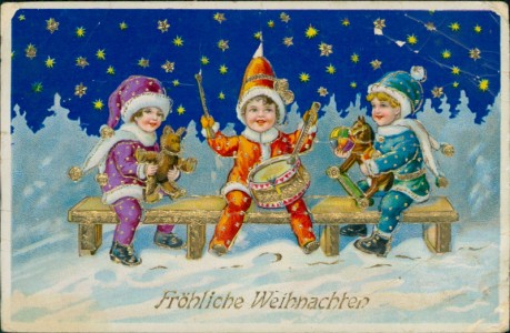Alte Ansichtskarte Fröhliche Weihnachten, Kinder auf Bank mit Geschenken