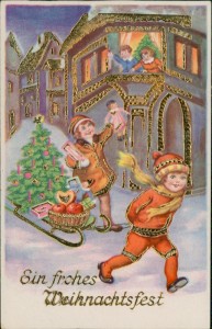 Alte Ansichtskarte Ein frohes Weihnachtsfest, Kinder mit Schlitten, Puppe
