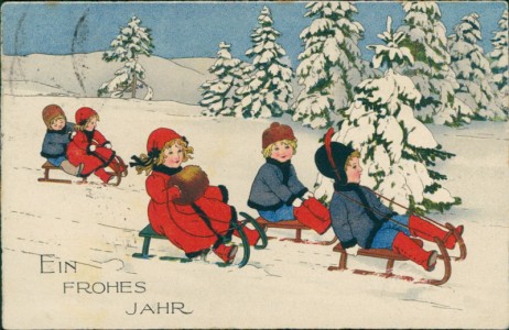 Alte Ansichtskarte Ein frohes Jahr, Kinder beim Rodeln