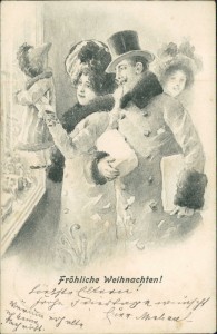 Alte Ansichtskarte Fröhliche Weihnachten, Familie vor Schaufenster