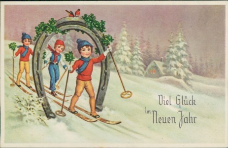 Alte Ansichtskarte Viel Glück im Neuen Jahr, Kinder auf Skier, Hufeisen, Klee