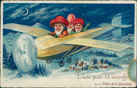 Alte Ansichtskarte Viele gute Wünsche zum Neuen Jahre, Zwerge mit Fliegenpilz-Hut im Flugzeug