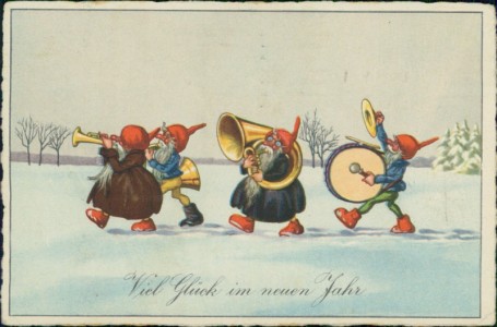Alte Ansichtskarte Viel Glück im neuen Jahr, Musizierende Wichtel