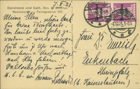 Adressseite der Ansichtskarte Neumünster, Conditorei und Café, Bes. H. Oldehus