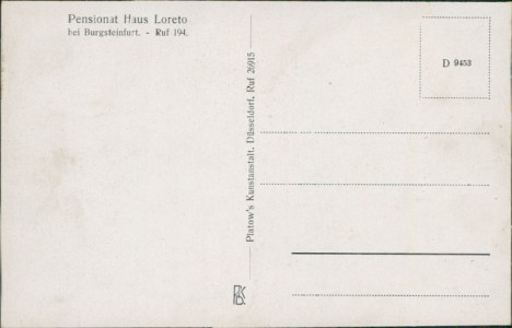 Adressseite der Ansichtskarte , Pensionat Haus Loreto, Speisezimmer der Klassenkinder