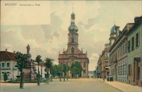 Alte Ansichtskarte Rastatt, Marktkirche u. Post