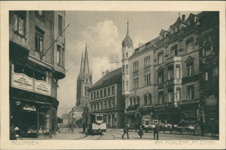 Alte Ansichtskarte Solingen, Am Mühlenplätzchen mit Straßenbahn