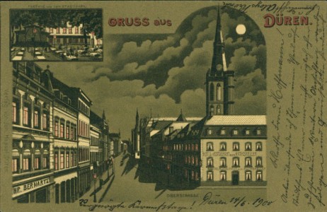 Alte Ansichtskarte Düren, Oberstrasse mit Hotel-Restaurant zum Rathskeller, Partie aus dem Stadtpark