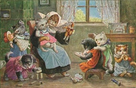 Alte Ansichtskarte Life in Catland, Katzen mit Kindermädchen (vermutlich Arthur Thiele)