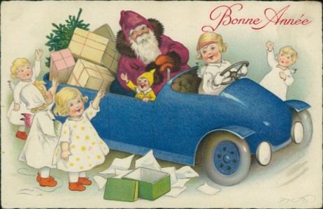 Alte Ansichtskarte Bonne Année, Weihnachtsmann im Auto mit Engelchen, sign. Fritz Baumgarten