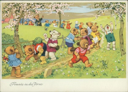 Alte Ansichtskarte Hinaus in die Ferne, Bären, Teddybär, sign. Fritz Baumgarten