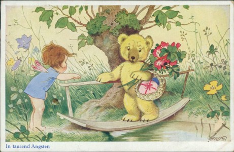 Alte Ansichtskarte In tausend Ängsten, Bär, Teddybär, sign. Fritz Baumgarten