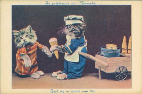 Alte Ansichtskarte Katze als Eisverkäuferin, Je préférais un "Panaché"