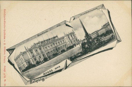 Alte Ansichtskarte Leipzig, Museum mit Mendebrunnen (Reliefschnitt-Künstler-Postkarte)