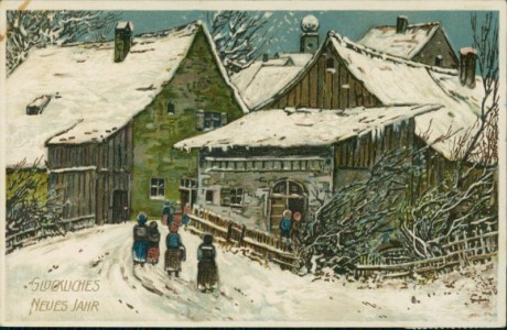 Alte Ansichtskarte Glückliches Neues Jahr, Dorfszene im Schnee