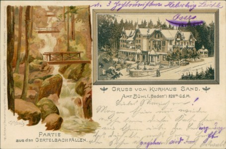 Alte Ansichtskarte Bühl, Partie aus den Gertelbachfällen, Kurhaus Sand, sign. C. Münch