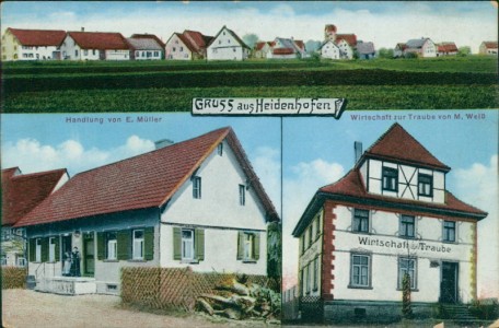 Alte Ansichtskarte Donaueschingen-Heidenhofen, Gesamtansicht, Handlung von E. Müller, Wirtschaft zur Traube von M. Weiß