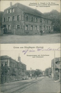 Alte Ansichtskarte Lahr-Dinglingen, Gasthaus z. Hirsch v. H. Niess, Haltestelle der Lahrer Strassenbahn mit Billetausgabe, Hauptstrasse mit Schulhaus und Denkmal