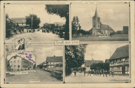 Alte Ansichtskarte Rheinau-Linx, Kirche, Gasthaus zur "Krone", Hauptstraße, Gasthaus zum grünen Baum
