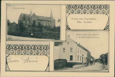 Alte Ansichtskarte Erkelenz-Lövenich, Pfarrkirche, Restaurant Jos. Müller u. Kaiserliches Postamt