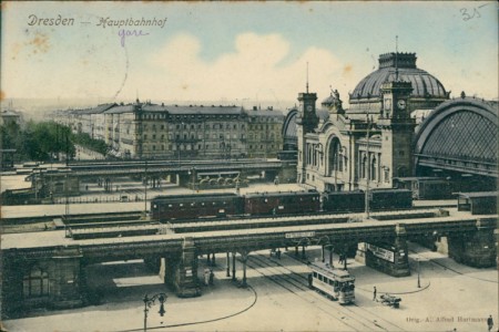 Alte Ansichtskarte Dresden, Hauptbahnhof, Straßenbahn