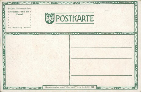 Adressseite der Ansichtskarte Neustadt und die Haardt, Pfälzer Heimatbilder, herausgegeben vom Pfälzerwald-Verein V.-A.